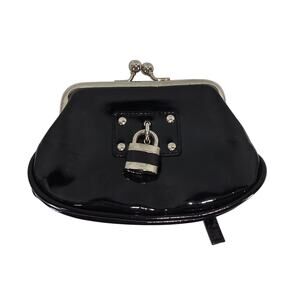 BLACK FAUX PATENT LEATHER CLUTCH PURSE W/ LOCK CHARM, BOTTOM ZIP POCKET – 7"x4"